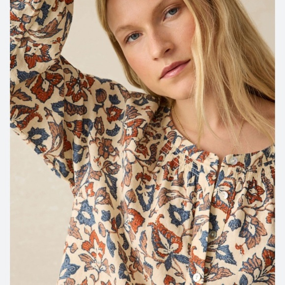 Faherty Linen Floral Blouse Long Sleeve Peasant Top Size S - Picture 3 of 9